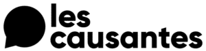 Logo en texte noir lisant les causantes avec une bulle de dialogue noire à gauche des mots, parfait pour un header accueil. Le design est simple et moderne sur un fond gris clair.