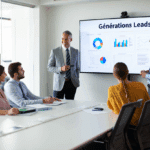 Dans un bureau moderne, quatre professionnels regardent deux collègues présenter des graphiques et des tableaux B2B sur un grand écran intitulé "Générations Leads". Le groupe semble engagé et attentif pendant la réunion.