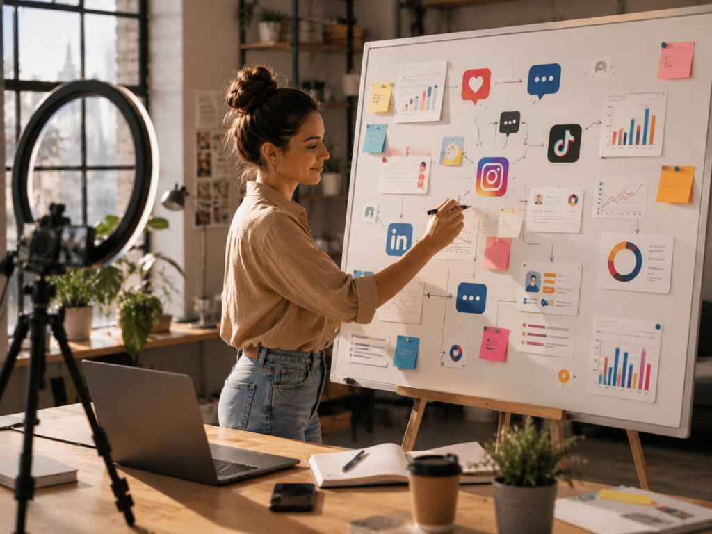 Une femme se tient debout dans un bureau moderne ; elle sourit tout en écrivant « stratégie réseaux sociaux » sur un grand tableau blanc recouvert d’icônes de réseaux sociaux, de graphiques et de post it. Un ordinateur portable, des cahiers et une lampe annulaire sont posés sur le bureau en bois à proximité.