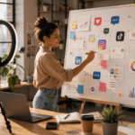 Une femme se tient debout dans un bureau moderne ; elle sourit tout en écrivant « stratégie réseaux sociaux » sur un grand tableau blanc recouvert d’icônes de réseaux sociaux, de graphiques et de post it. Un ordinateur portable, des cahiers et une lampe annulaire sont posés sur le bureau en bois à proximité.