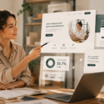 Une femme assise à son bureau pointe du doigt des analyses commerciales numériques et des graphiques flottant sur un écran transparent ; à ses côtés, on aperçoit un ordinateur portable, un cahier et une plante, le tout dans un décor de bureau moderne — une source d'inspiration idéale si vous souhaitez créer une page d'accueil mettant en avant des solutions d'analyse innovantes.