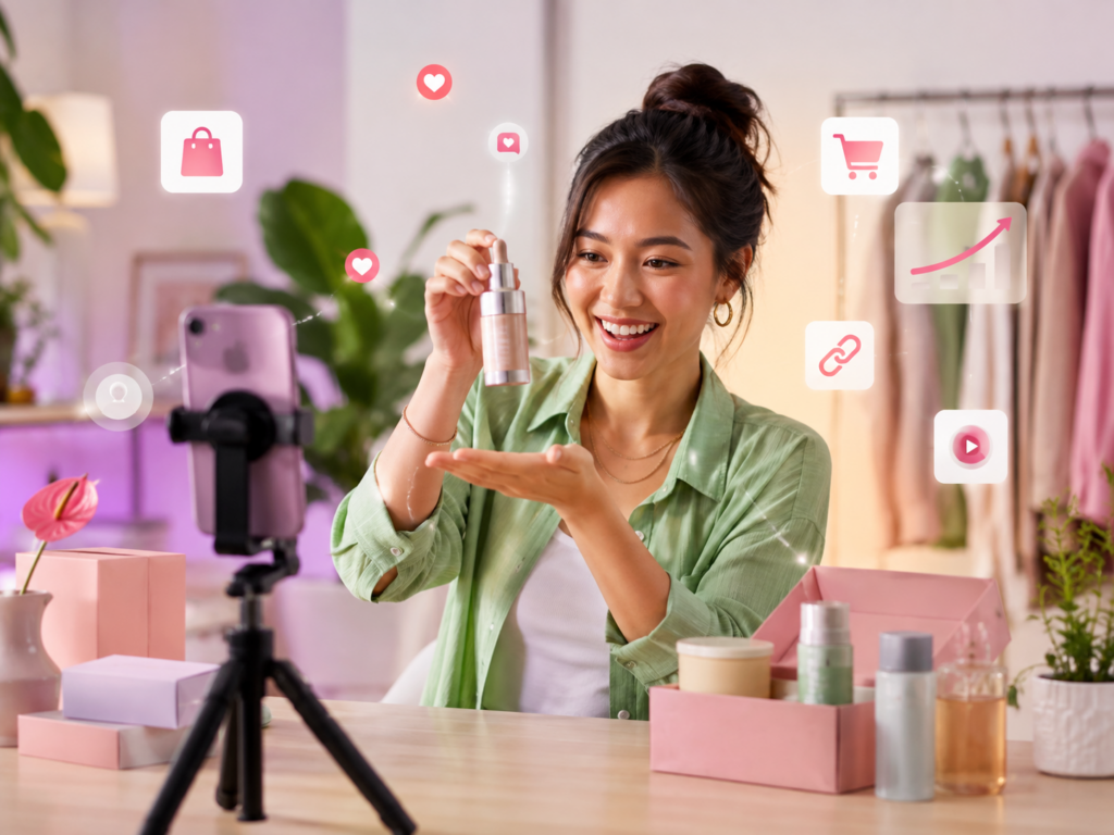 Une femme se filme en train de tenir un produit de soin, entourée d'icônes représentant le shopping en ligne et les réseaux sociaux, dans une pièce lumineuse où sont disposés des produits de beauté sur la table, soulignant ainsi le pouvoir de TikTok en matière de marketing de la beauté moderne.