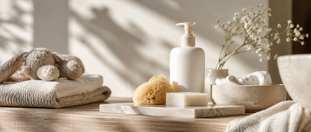 Un flacon pompe blanc contenant de la lotion et du savon, ainsi qu'une éponge de mer posés sur un plateau en marbre, accompagnés de serviettes et d'une peluche, le tout mis en scène pour la campagne marketing de Les Causantes.
